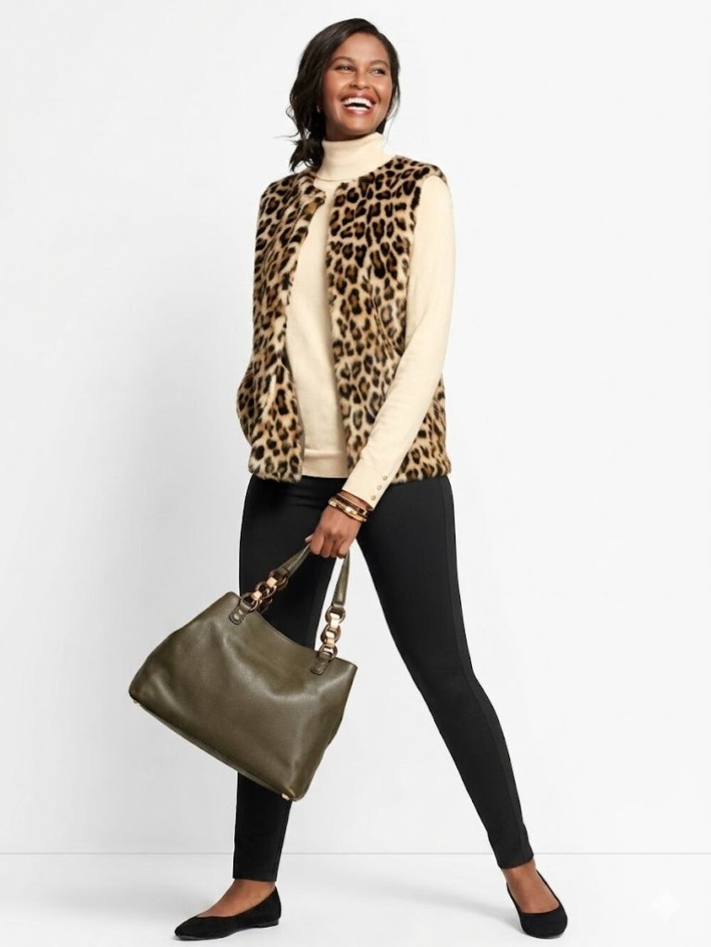 Talbots Faux Fur Leopard Print Vest Medium Quiet Luxury
